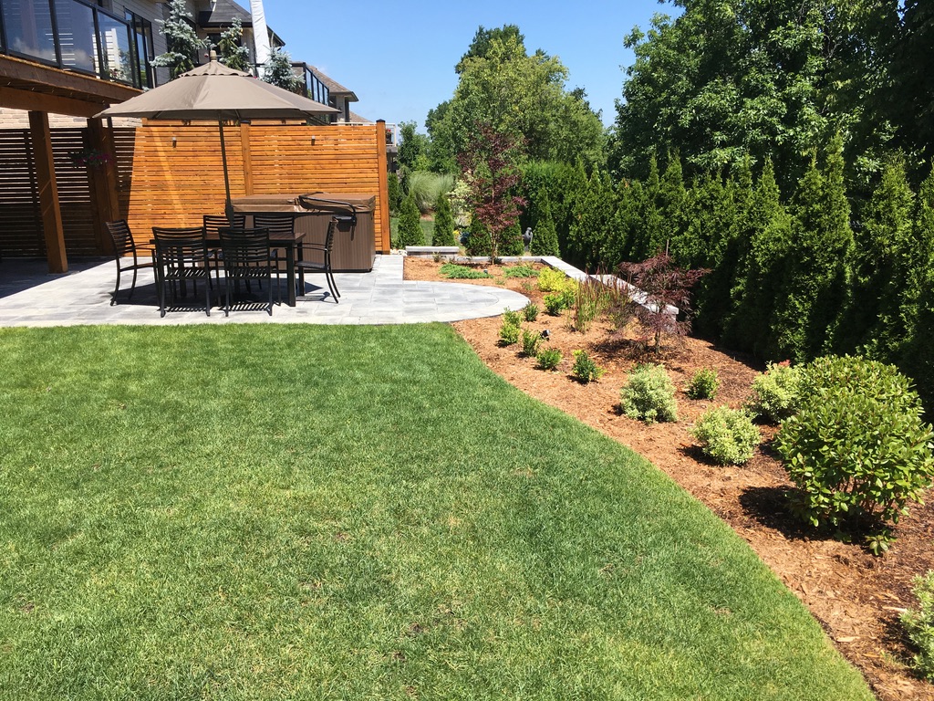 Lush lawn and planted garden beds