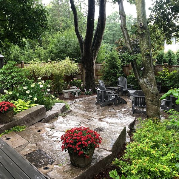Natural stone patio and seating area